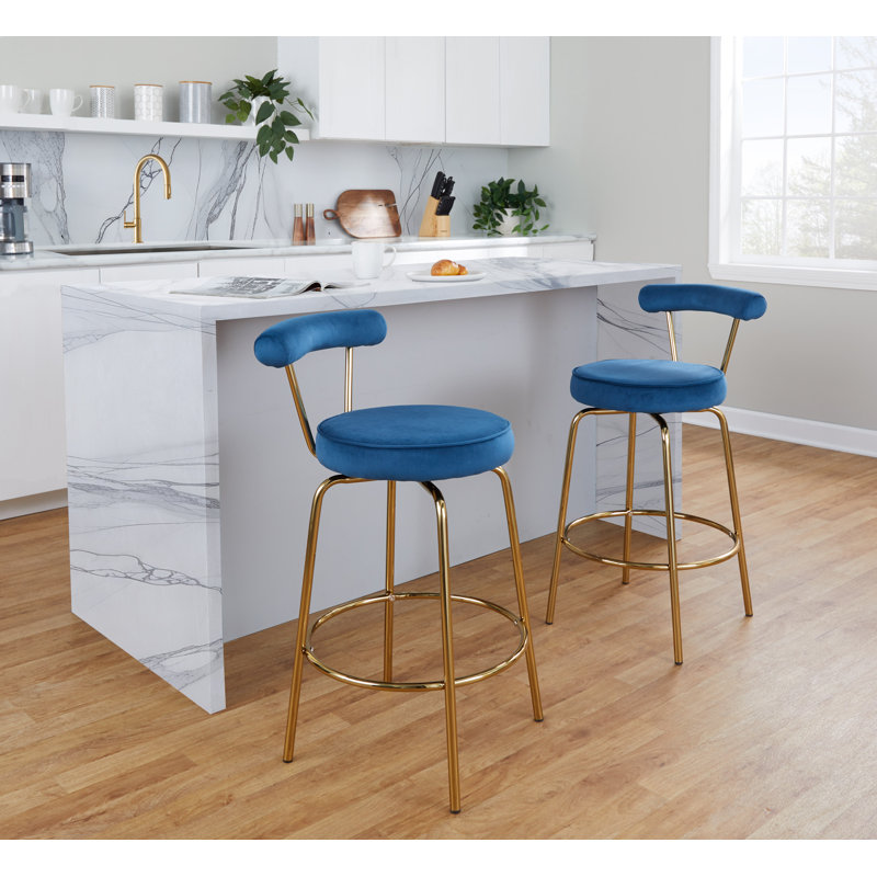 Kayson 25.5" Gold Swivel Upholstered Counter Stools, Blue Velvet