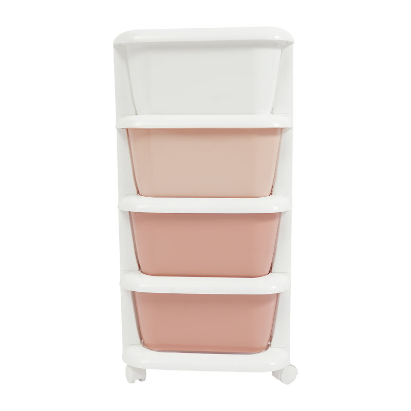 4 Drawer Storage Drawer with Wheels, White/Pink
