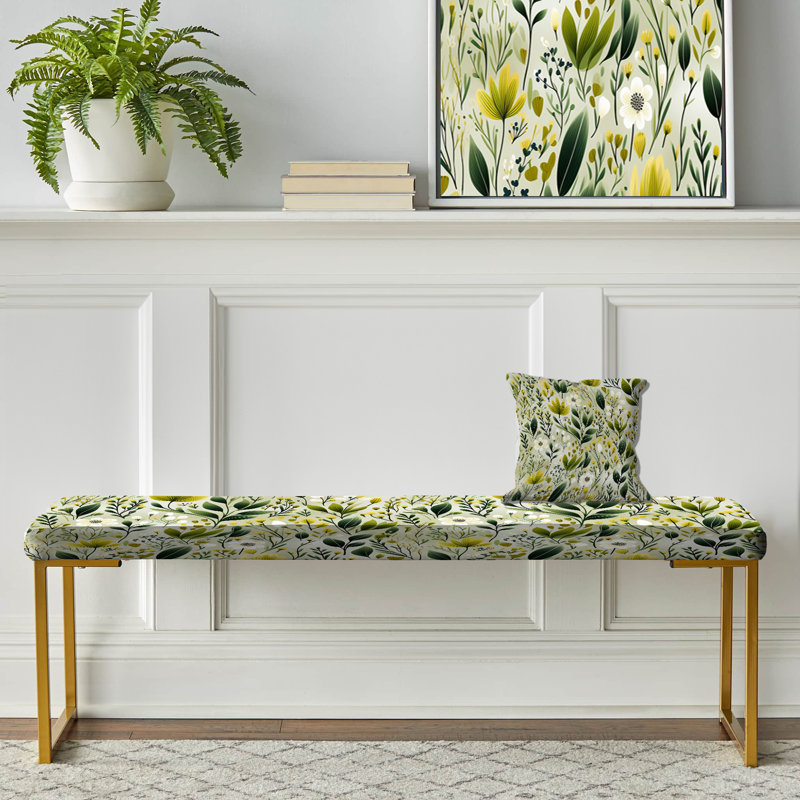 Floral Upholstered Gold Bench, Meadow Greenery Botanical Green