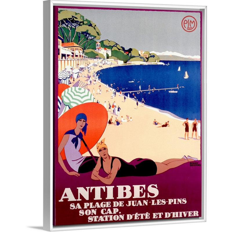 «Antibes, Sa Plage de Juan Les Pins», affiche rétro, par Roger Broders, reproduction d'art sur toile tendue par Roger Broders