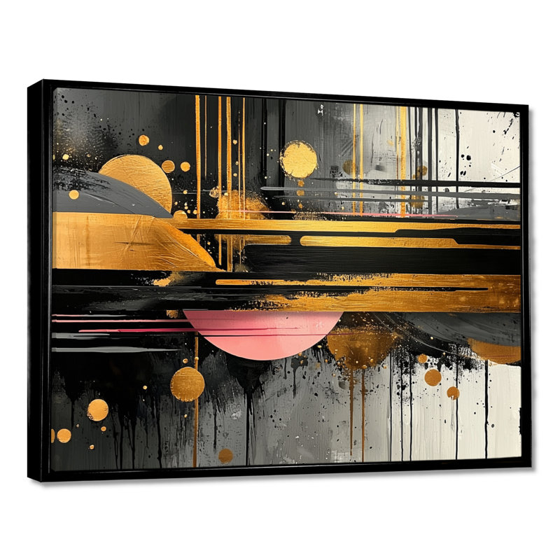 «Dark Transition Golden Shifting Horizons III», art mural transitionnel abstrait de formes modernes, H 12 po x l 20 po, Noir