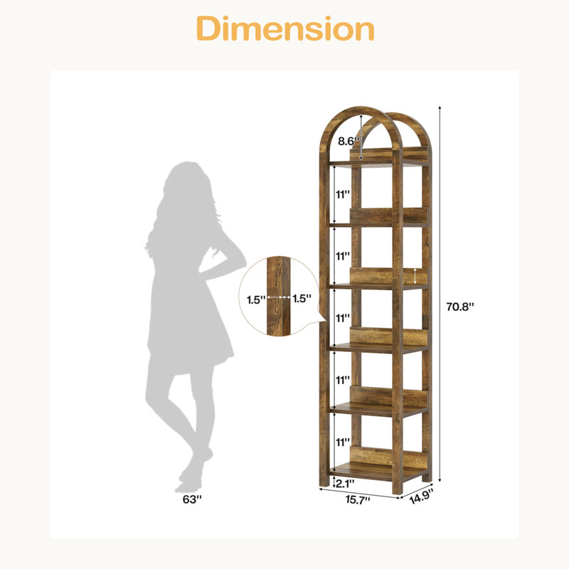 Storage Rack,6-Tier Bookshelf,Slim Arched Bookcase