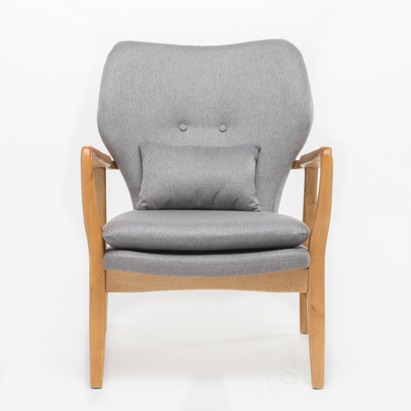Amantha Upholstered Accent Chair with Pillow & Birch Wood Legs, Gray Fabric