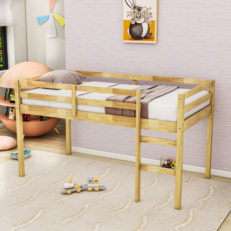 Twin Wood Low Loft Bed With Ladder And Guardrails, Natural