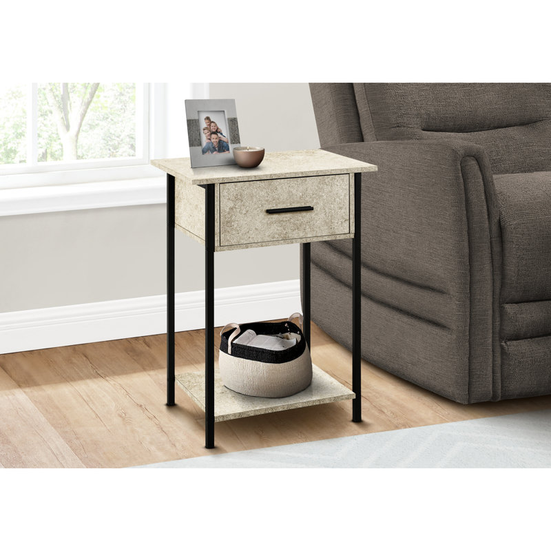 Table d'appoint contemporaine avec tiroir - Stratifié pierre crème et pieds en métal à 2 niveaux pour la chambre à coucher