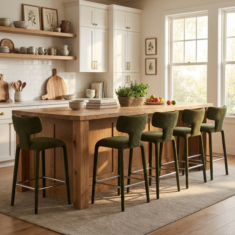 Modern Green Fabric Barstool With Chrome Footrest, 26" Seat Height Upholstered Bar Chair For Kitchen Island & Breakfast Nook​​