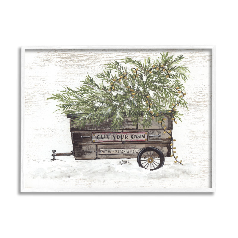 Wagon d'hiver patiné portant un pin de Noël noir, estampe numérique encadrée, art par Julie Norkus