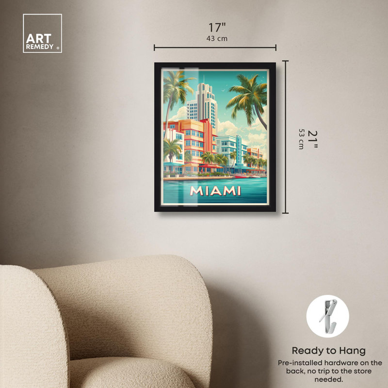 «Miami Deco I Shadowbox Print Retro Summer Decor» par Art Remedy, Noir, H 21 po x l 17 po