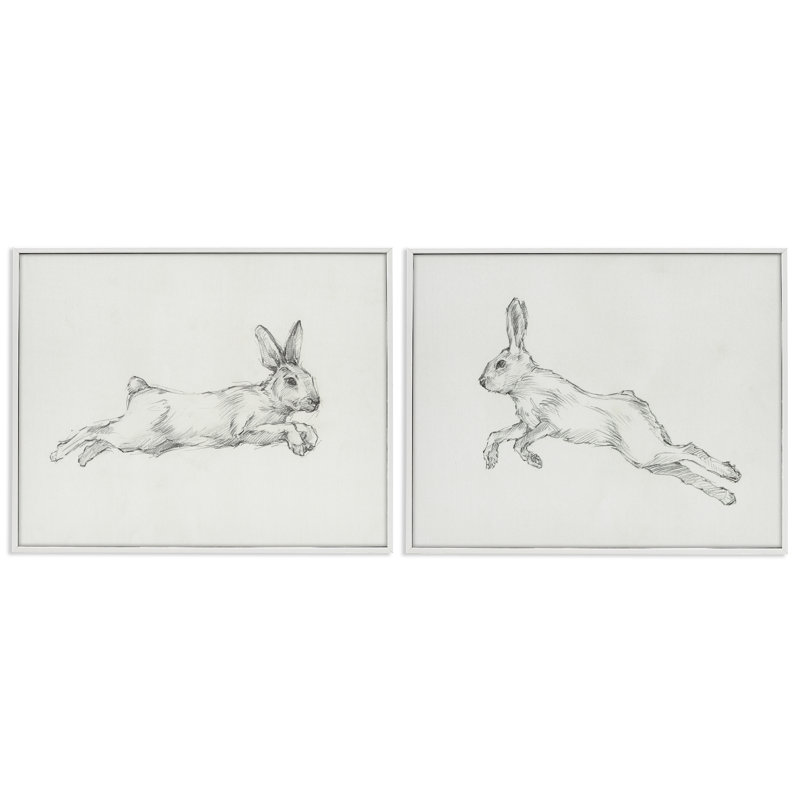 Pencil Sketch Rabbit Jumping 2 PC Giclee Art Set by Ethan Harper, Coastal White Framed Giclee, 16" H x 20" W