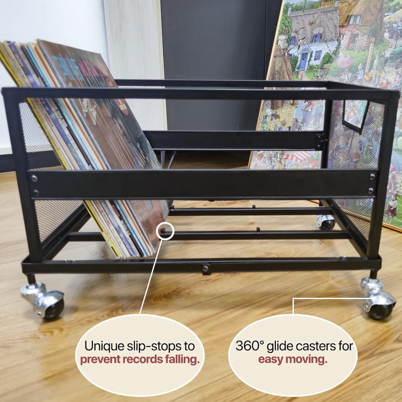 Caisse de rangement en métal pour disque vinyle avec roues