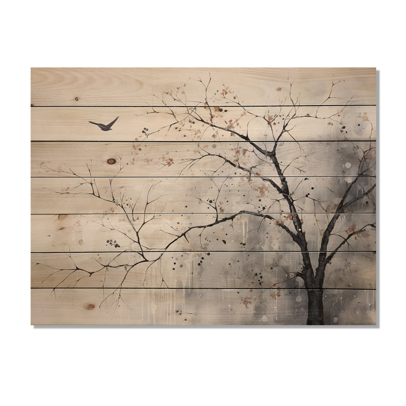 Minimalism Monochrome Birds On Branch I - Trees Wood Panel Wall Art On Natural Pine Wood, 10" H x 20" W