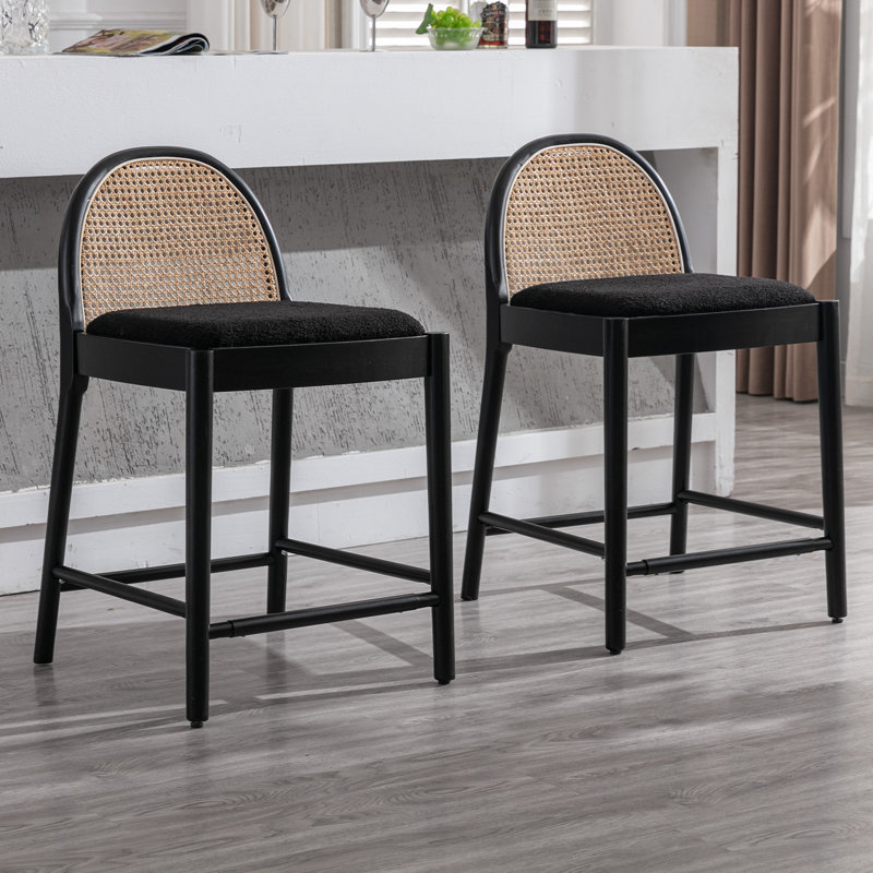 Modern Bar Stools Upholstered Counter Stools With Rattan Backrests And Wood Legs Kitchen Stools For Island, Black