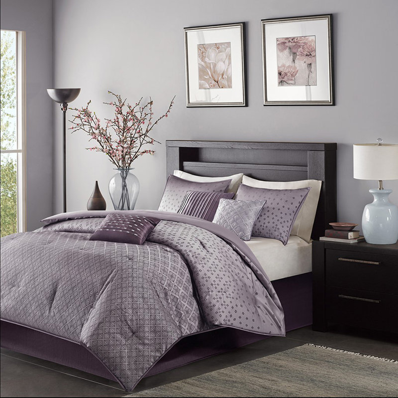 Ensemble d'édredon 7 pièces Jaquard - mauve, Grand + 1 édredon + 5 coussins + 1 jupe de lit