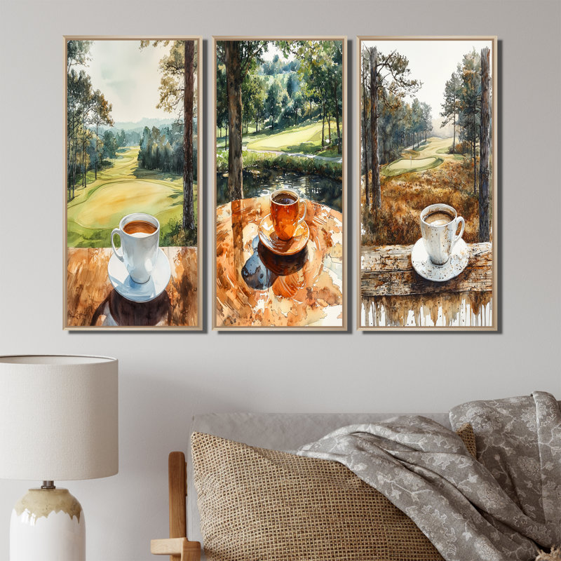 «Coffee Cup At The Golf Court I», ensemble de 3 pièces de la collection Wall Art, H 40 po x l 60 po, Crème, crème