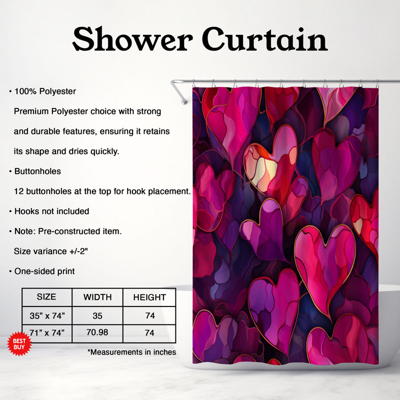 Rideau de douche 1 pièce Artistic Ink Heart Design, H 74 po x l 71 po