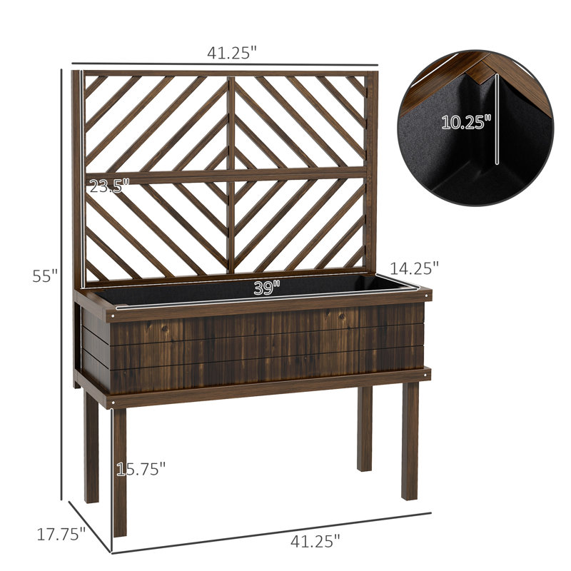 Lit de jardin surélevé avec treillis stylisé, profondeur de 10,25 po, bois autodrainant, jardin extérieur, patio, pot à fleurs surélevé d'une largeur de 17,69 po, pour plantes grimpantes,