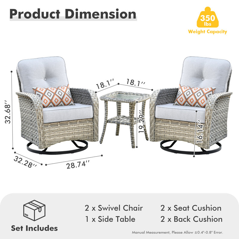 Heshum 3 Piece Rattan Seating Group With Cushions, White