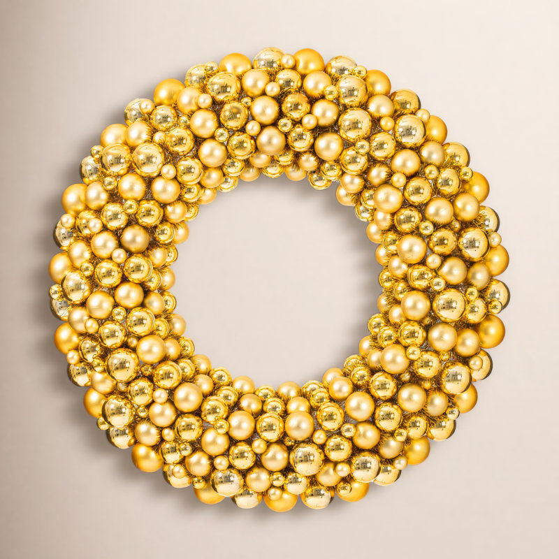 Shiny and Matte Ball Wreath, Gold, 24" W x 24" H x 3" D