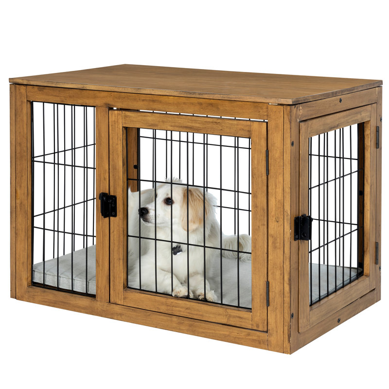 PETMAKER Furniture-Style Dog Crate - Acacia Wood Kennel with Double Doors and Cushion, Natural