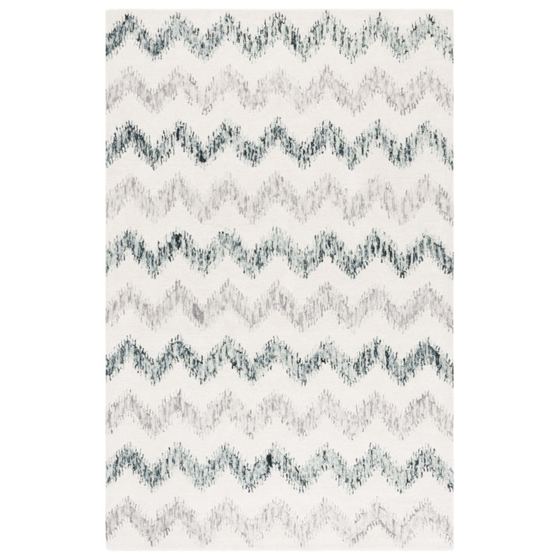 Nyara Hand Tufted Wool/Viscose/Cotton Chevron Rug in Ivory/Grey, Rectangle 3' x 5'