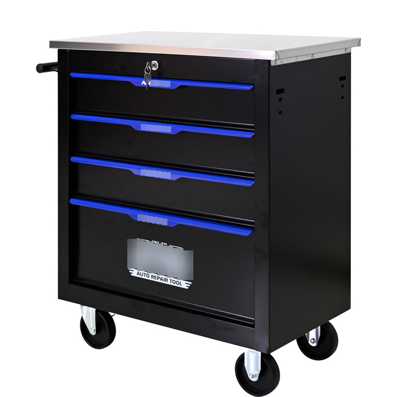 Chariot à outils à 4 tiroirs avec roues en noir et bleu. Fabrication robuste en acier. Tiroirs à roulement lisse. Rangement supplémentaire disponible. Clé verrouillée 4 multifonctionnelle et robuste 4 po. Fonction de tiroir de surface. Pour