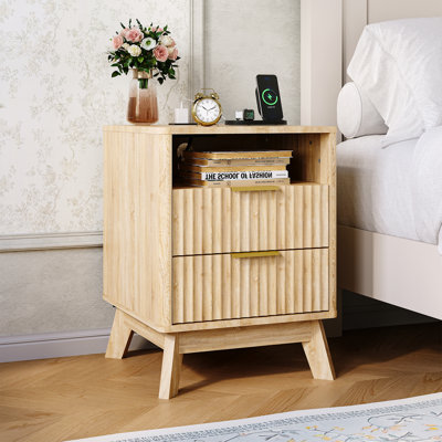 18" Fluted Nightstand with Charging Station, 2 USB Ports & AC Outlets, 2 Drawers and Open Cubby, Natural Oak Bedside Table with Modern 6-Inch Legs
