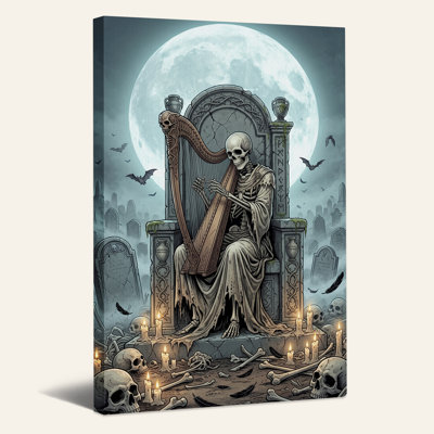 Squelette jouant de la harpe sur un trône au clair de lune, art mural d'Halloween