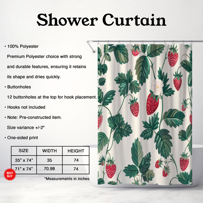 Rideau de douche 1 pièce Strawberry Vine Art, H 74 po x l 71 po