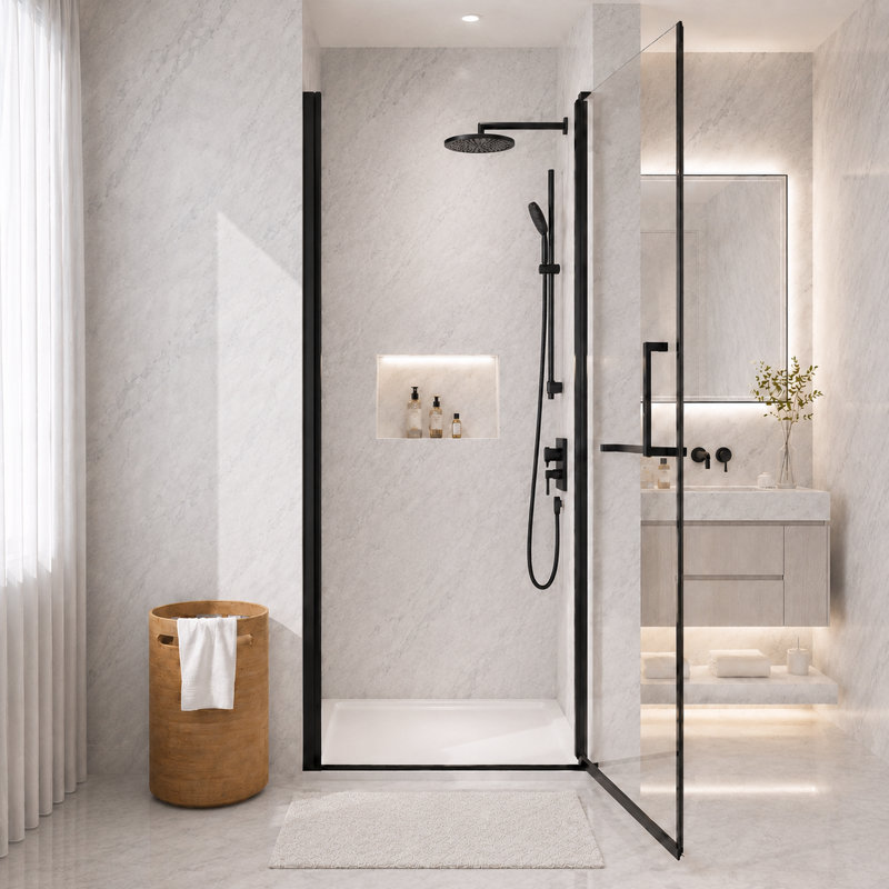 Porte de douche à pivot demi-cadre 28 "à 29,2" x 72 ", verre trempé 1/4", largeur réglable de 1,2 pouce, installation réversible, noir mat