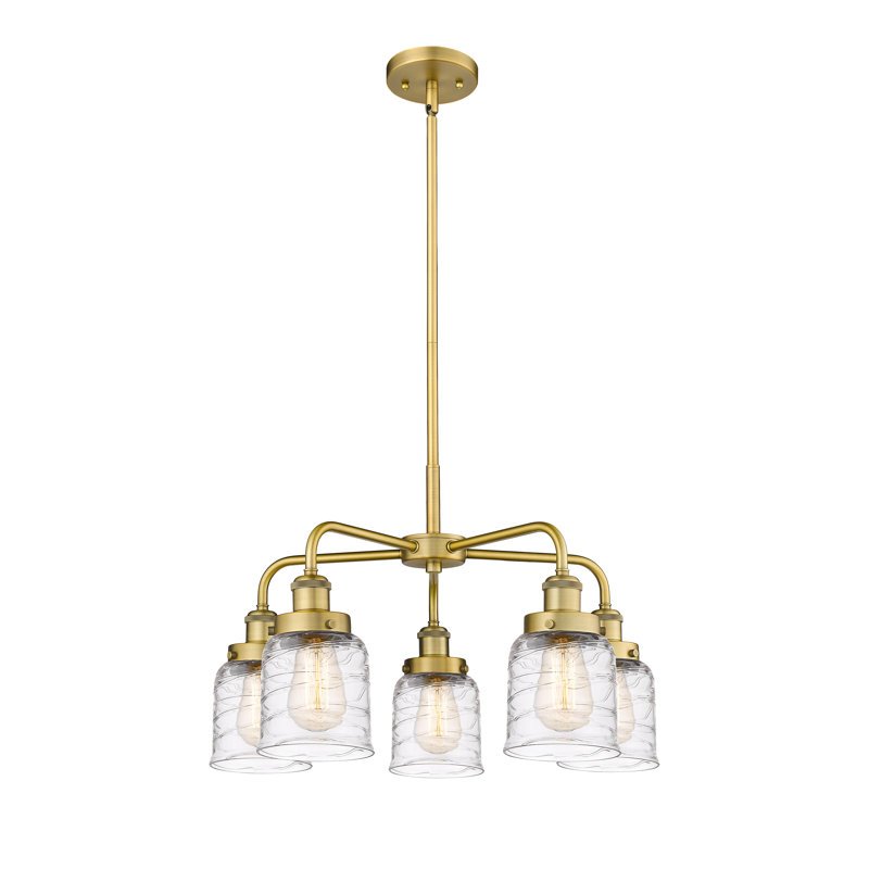 Lustre en verre à 5 lumières Bell, Tourbillon déco transparent, Laiton brossé