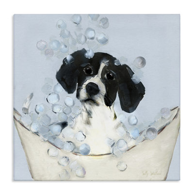 Chiot noir et blanc en toile de baignoire, design par Sally Swatland