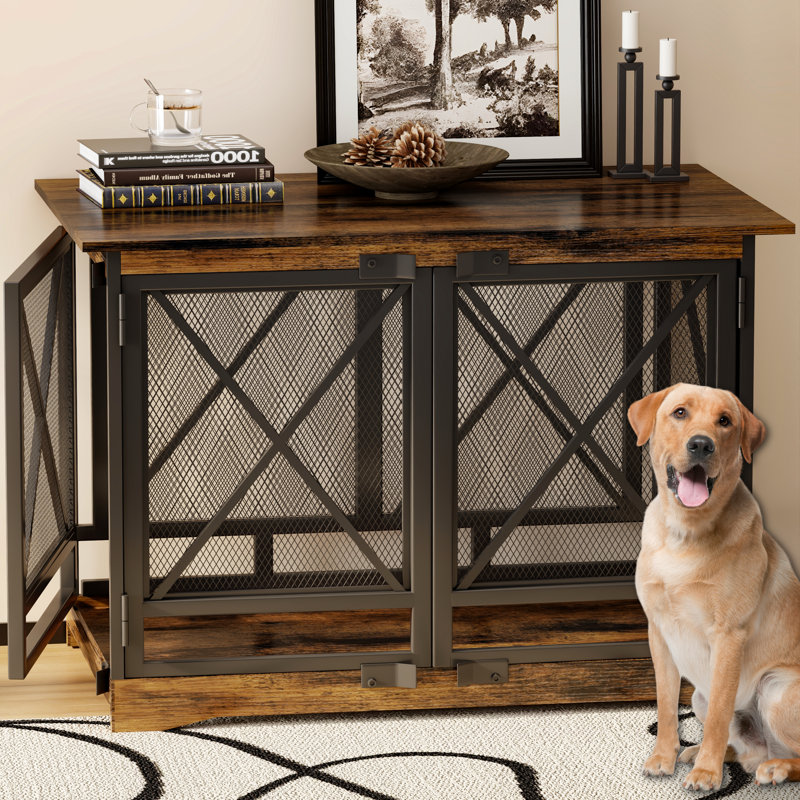 48 Inch Heavy Duty Wooden Dog Crate Furniture for XLarge Dogs - Double-Door Kennel with Modern End Table Design, Brown