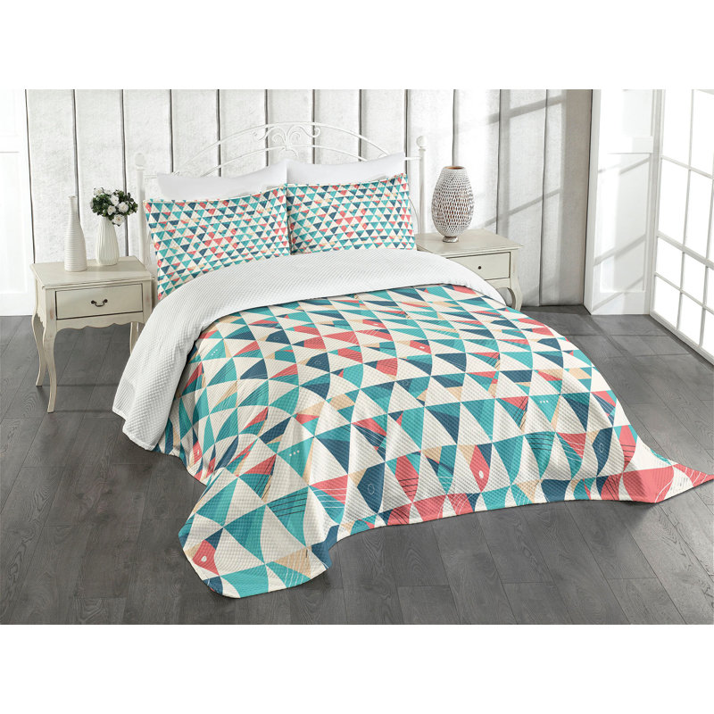 Ambesonne Geometric Bedspread Triangle Hexagons Turquoise Teal Coral, King Coverlet/Bedspread + 2 Pillow Shams