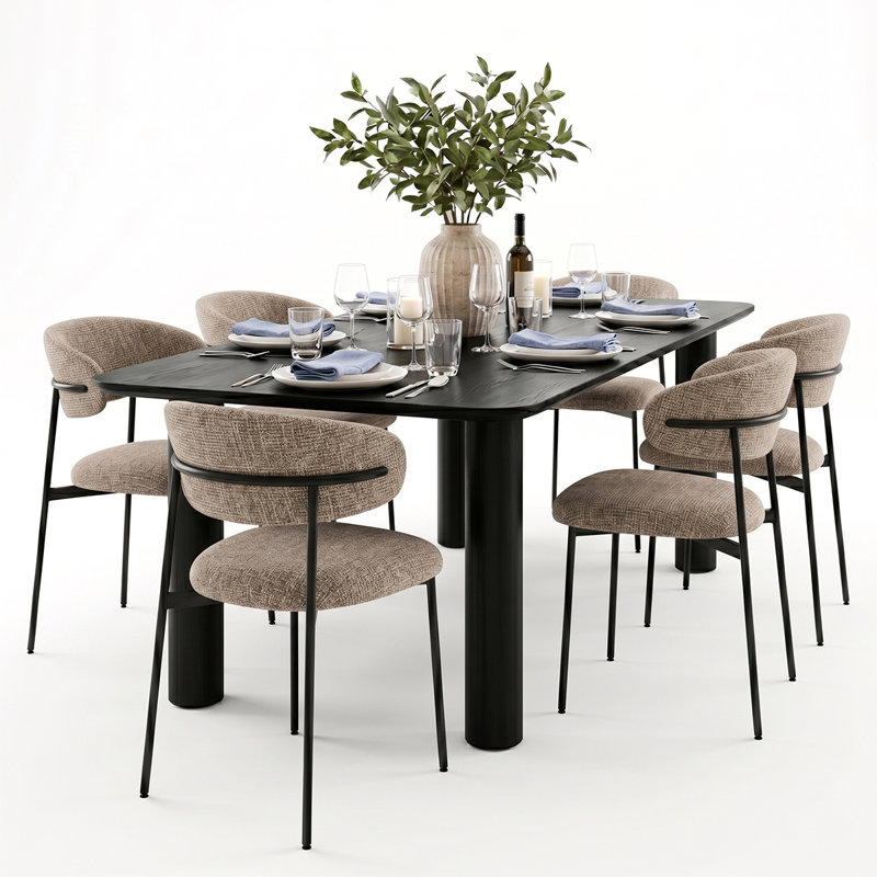 Modern 7-Piece Dining Set With Rectangular Wood Table And Upholstered Curved Back Chairs, Light Brown