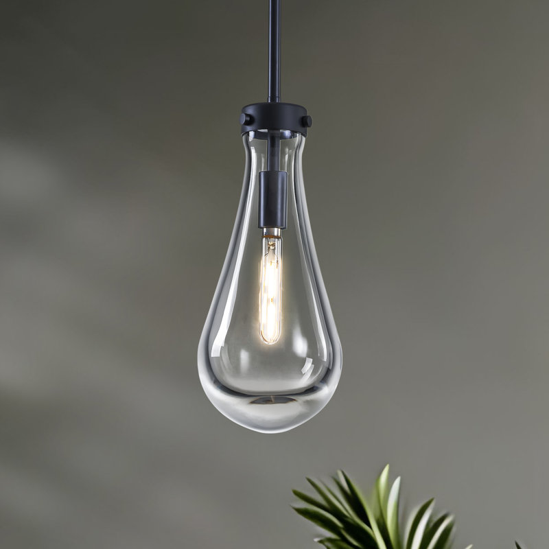 1-light Teardrop Modern Clear Raindrop Glass Pendant, Matte Black