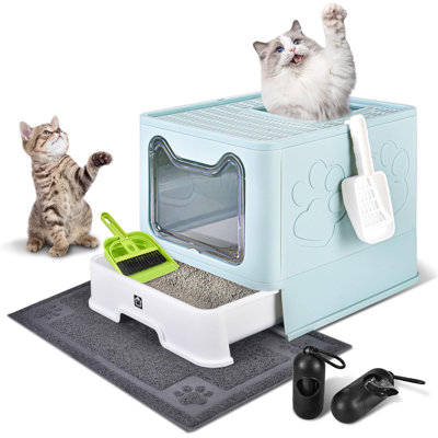 Bac à litière pour chat avec couvercle pliable, pot à litière avec tiroir, très grand couvercle avec tapis, entrée et sortie sans chat / à sens unique, contrôle des odeurs, anti-éclaboussures, nettoyage facile (bleu)