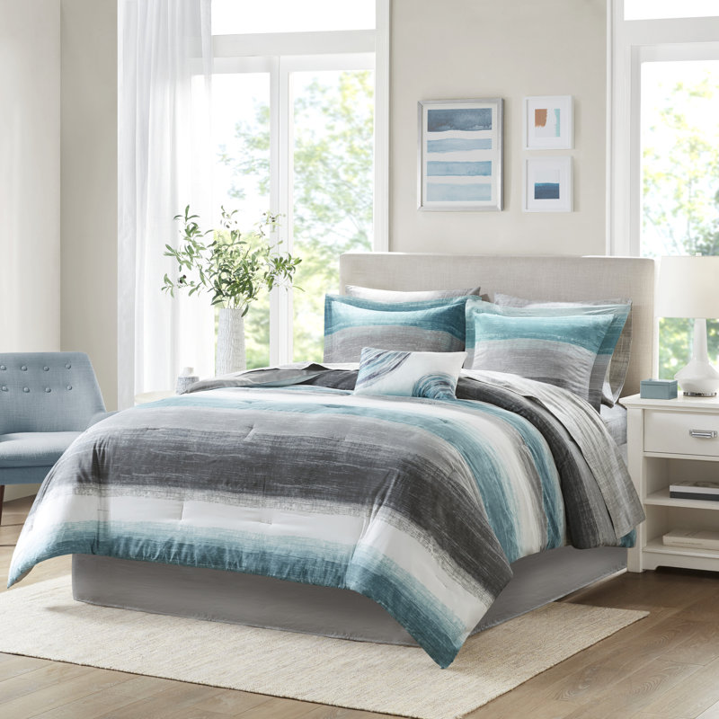 Ensemble d'édredon rayé avec draps en coton Saben, Édredon lit simple + 6 pièces incluses, Aqua / Gris