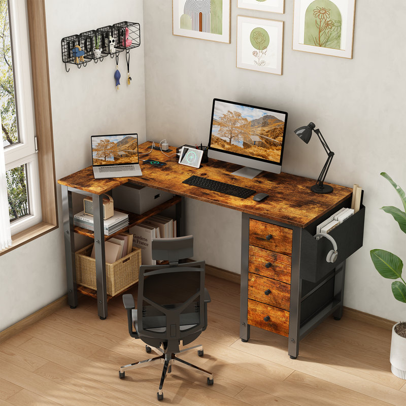 Built-in Outlets L-Shaped Computer Desk with Drawers & Storage Shelves, Brown/Black, 29.5" H x 47.2" W x 26.8" D
