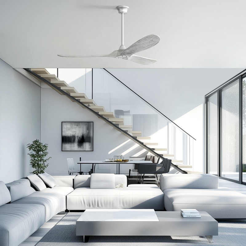 Kemp 60" 3-Solid Wood Blade Indoor/Outdoor Large Ceiling Fan With Remote,no light, Silver with Gray Blades