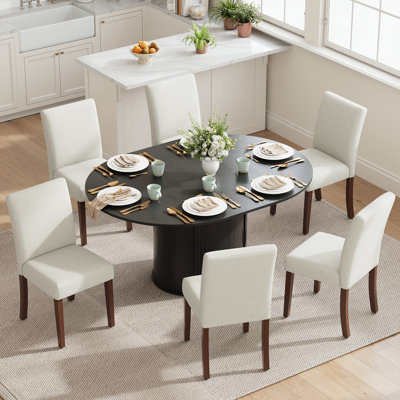 Modern Extendable Dining Table Set for 4-11 People with Hidden Storage, Round to Oval Convertible Table and Upholstered Fabric Dining Chairs