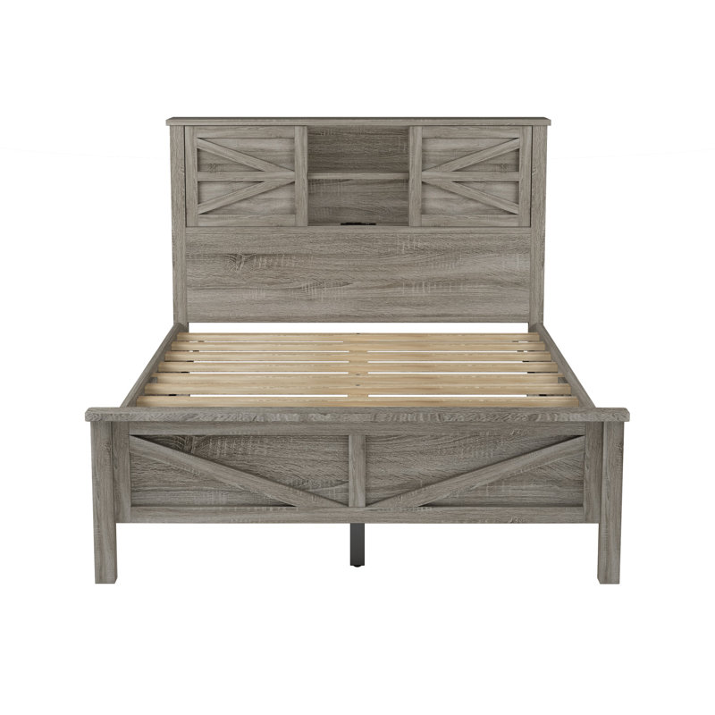 Lit double en bois rustique pleine grandeur avec tête de lit à double porte de grange coulissante et point de charge, support de lattes, teinte gris antique, lit plateforme sans sommier, lattes fixes et fixes, chatoyant