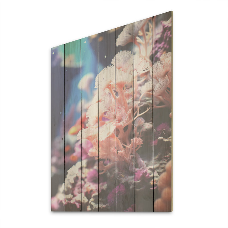 Danse de corail rose et anémones - art mural bois de corail sous l'eau sur bois de pin naturel, H 32 po x l 24 po