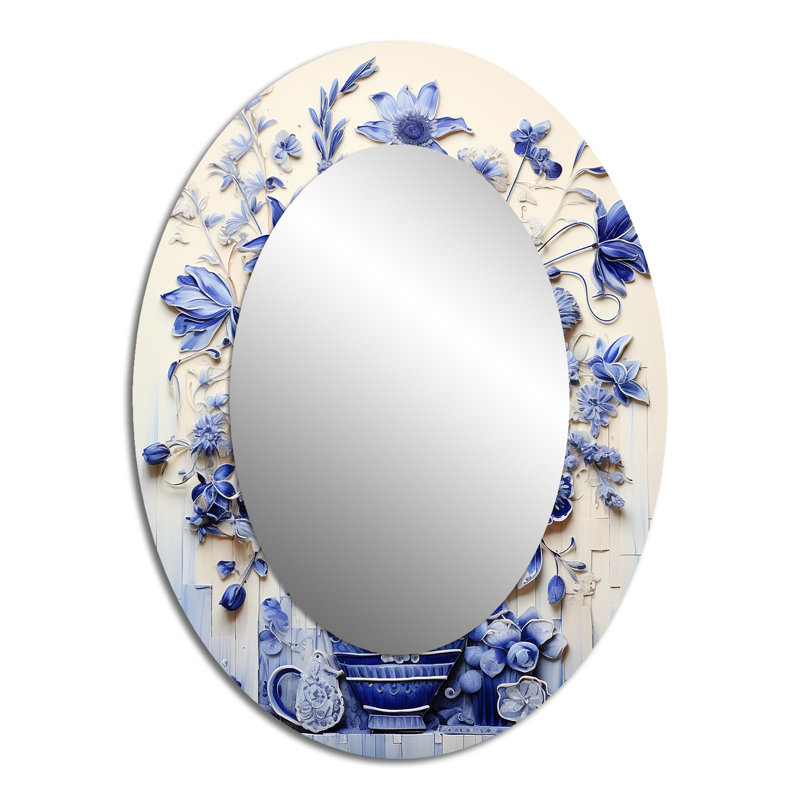 Décoration murale bleu et blanc Boho Plant Pottery II - Miroir mural ovale bleu, H 40 po x l 30 po