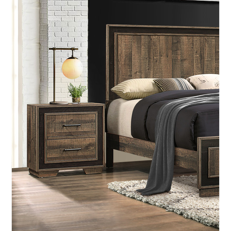 Table de chevet 2 chambres au design rustique, finition artificielle avec 2 tiroirs et aspect ébène