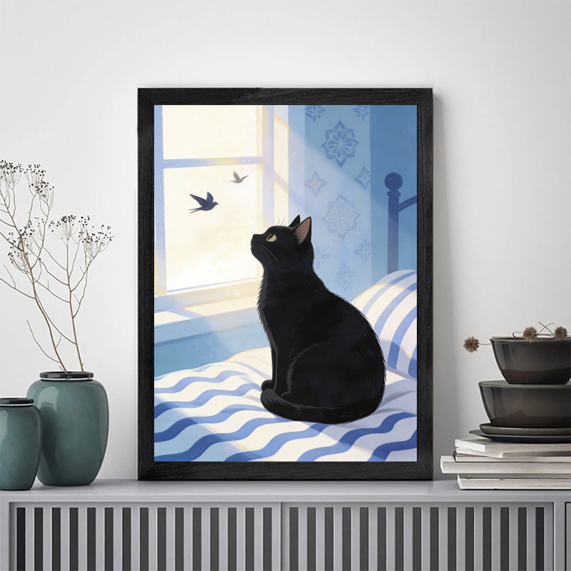 Reproduction d'art encadré noir avec chats vintage appréciant le soleil, H 11 po x l 9 po