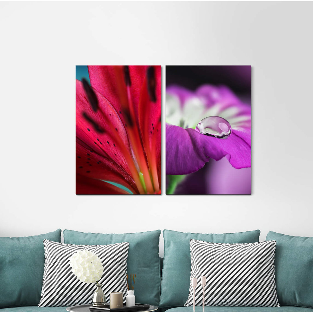 2-tlg. Leinwandbilder-Set Flowers Red Blossom Lily Water Drops Violet Orchid