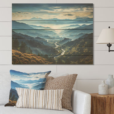 Blue Vistas Morning Mountain Peaks III - Landscape Mountains On Wood Print