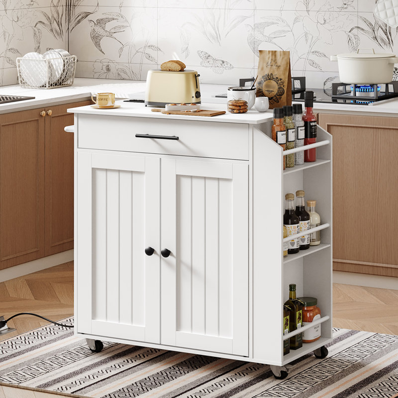 Îlot de cuisine roulant avec prise de courant, Blanc