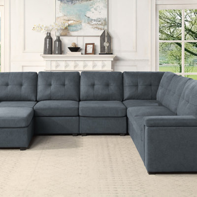 Woven Fabric 7-Seater Sectional Sofa With Ottoman