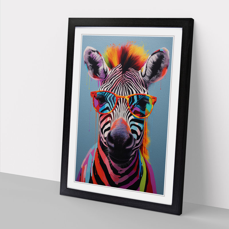 Zebra With Glasses Painting - Single Picture Frame Print on Wood, Black, 34cm H x 25cm W x 2cm D